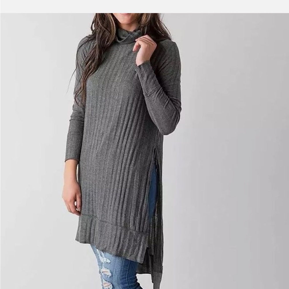 Women's Ribbed Turtleneck Tunic/Dress Flowy Top Gray